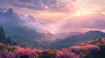 Majestic Mountain Range at Sunrise with a Field of Pink Flowers photo