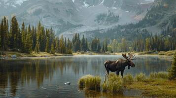 Moose Grazing by a Mountain Lake in the Early Morning Mist photo