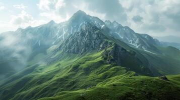 Majestic Mountain Range with Rolling Green Hills and Patches of Snow photo