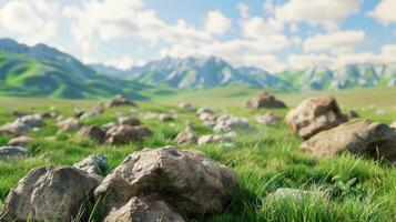 Large Rocks Scattered in a Green Grass Field with Mountains in the Background photo