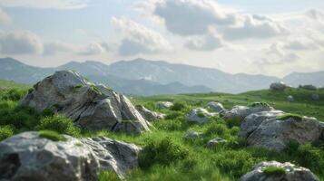 Large Rocks Scattered on a Grassy Hillside with Distant Mountains photo
