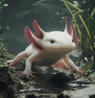 Axolotl with Red Gills Crawling on Rocks in a Forest Stream photo