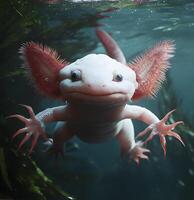 Axolotl with Red Gills Swimming in Aquatic Plants photo