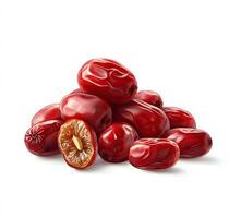A Pile of Red Dates with One Cut Open Revealing the Seed photo