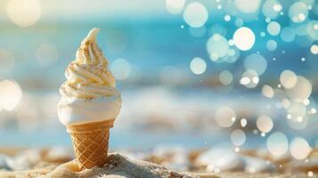 Soft Serve Ice Cream Cone on Sandy Beach with Bokeh Background photo