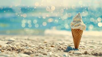 A Single Soft Serve Ice Cream Cone on a Sandy Beach photo