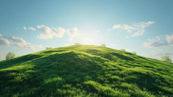 Sunlit Green Grass Hill with Scattered Trees Under Blue Sky photo