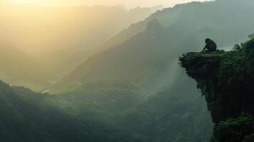 Solitary Monkey Perched on a Clifftop Overlooking a Misty Valley photo