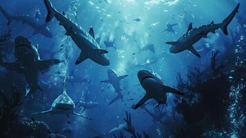 A Group of Sharks Swimming in a Blue Ocean photo
