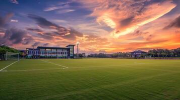 Soccer Field with a Sunset and a Building in the Background photo