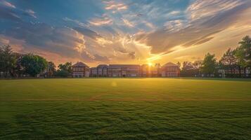 Sunset Over a School Building With a Green Field in Front photo