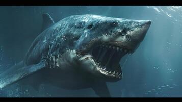 A Great White Shark With Scars, Open Mouth, and Sharp Teeth photo