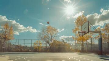 Basketball Court with a Ball in the Air Under a Bright Sun photo