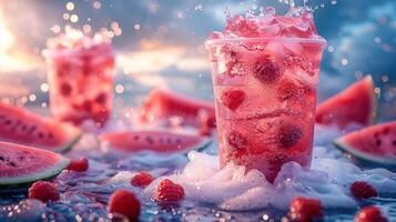 Watermelon and Raspberry Summer Drink with Ice and Splash photo