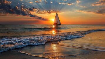 Sailboat Navigating Through Golden Sunset on the Ocean photo