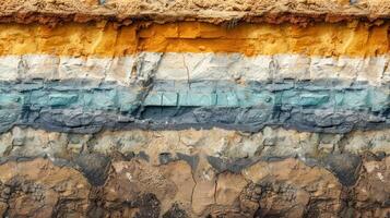 Multicolored Layers of Rock and Soil Exposed in a Cliff Face photo