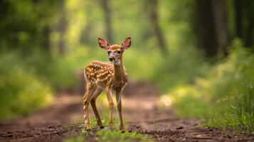 A Spotted Fawn Standing on a Forest Path photo