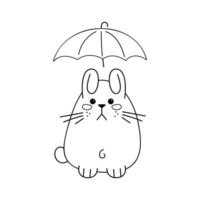 Sad cute rabbit with umbrella in black outline. Flat color illustration. vector