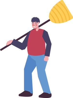Man Cleaning Profession Holding Broom in Flat Design