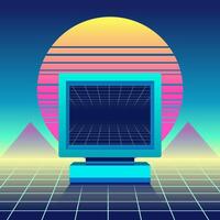 Computer Monitor Illustration With Vaporwave Design Style And Simple Sun Gradient Background vector