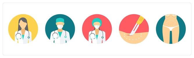 A set of 5 medical icons as doctor, surgeon, surgery knife vector