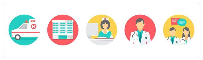 A set of 5 medical icons as ambulance, hospital, receptionist vector