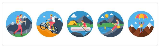 A set of 5 camping icons as mountain climbing, mountain cycling, boating vector