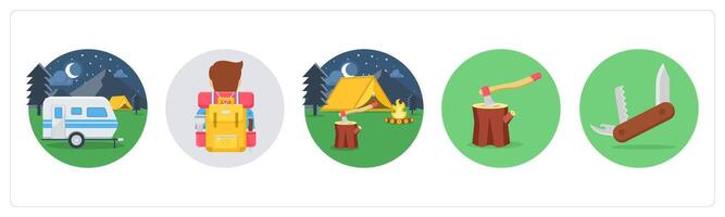 A set of 5 camping icons as campimg bus, backpack, camp vector