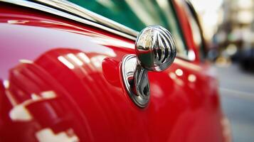 A close up of a red car with a chrome handle photo