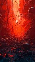 A red and black tunnel with water and rocks photo