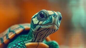 A close up of a turtle with a blurry background photo