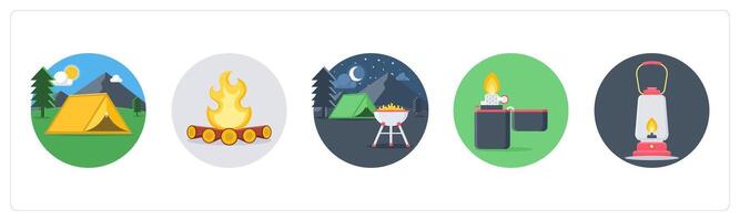 A set of 5 camping icons as camping, bonfire, barbecue vector