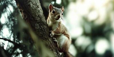 A squirrel is sitting on a tree branch photo