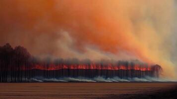 A large field with trees burning in the background photo