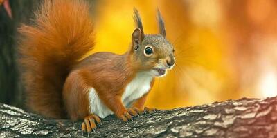 A squirrel is sitting on a tree branch photo