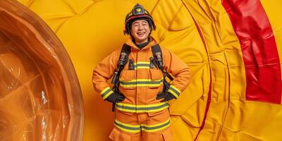 Smiling firefighter in safety gear. photo