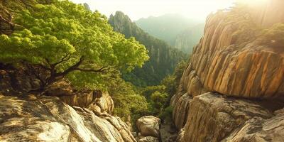 Majestic mountain vista, tree on cliff edge photo