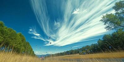 A road with tall grass and trees under a blue sky photo