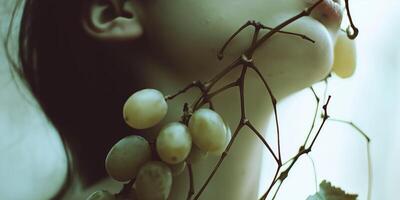 A woman is holding grapes on her face photo