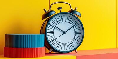 Classic alarm clock on colorful background photo