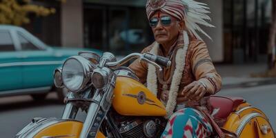 Elderly man on a yellow motorcycle photo