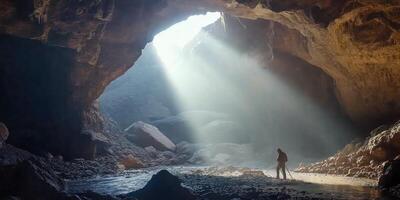 Sunlight streams into a dark cave. photo