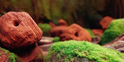 Moss-covered wooden sculptures in a forest photo
