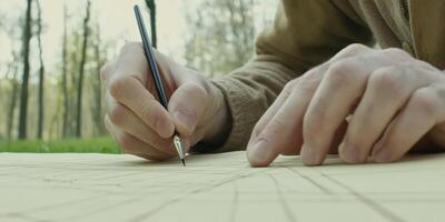 A person is drawing on a piece of paper with a pencil photo