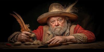 Aged frontiersman crafting feathers at his desk. photo