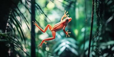 Orange frog leaping in lush green foliage photo