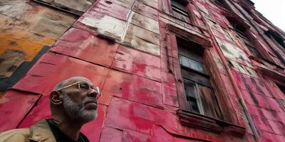 Man gazes at a vibrant, textured wall. photo