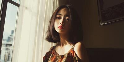 Young woman by window in soft light photo