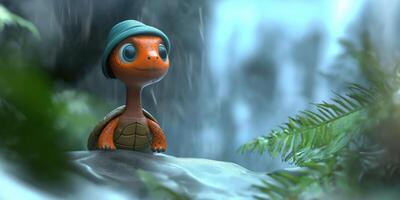Cute turtle in a hat, enjoying nature photo