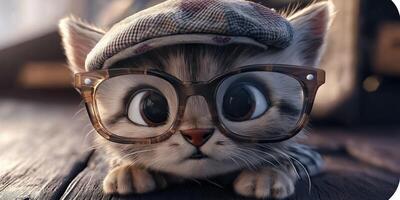 Adorable kitten wearing glasses and cap photo